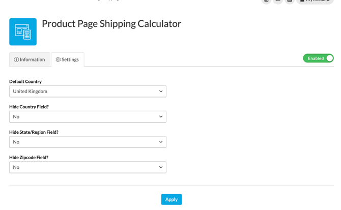 Example showing how to configure Product Page Shipping Calculator after enabling it from Advanced Features menu.