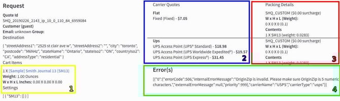 ShipperHQ shipment details in BigCommerce store logs broken into key sections to understand rates