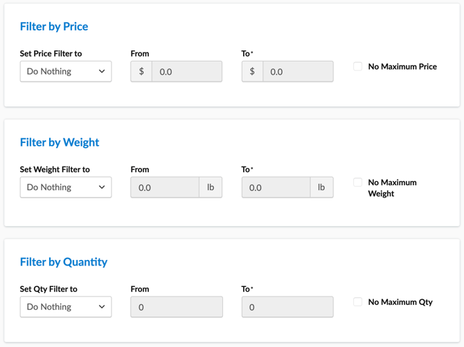 ShipperHQ Filter configuration and settings include Price, Weight, and Quantity. 