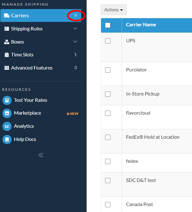 Viewing list of carriers configured on the ShipperHQ dashboard.