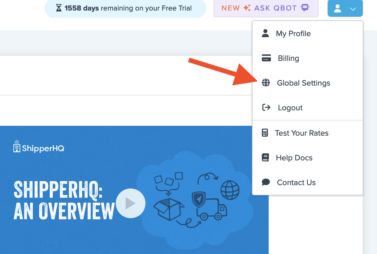 Access menu for Global Account Settings in ShipperHQ
