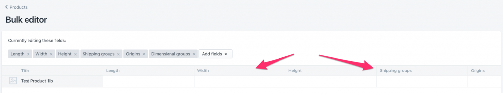 Bulk editor menu for inserting Product Dimensions, Shipping Groups, Origins, etc.