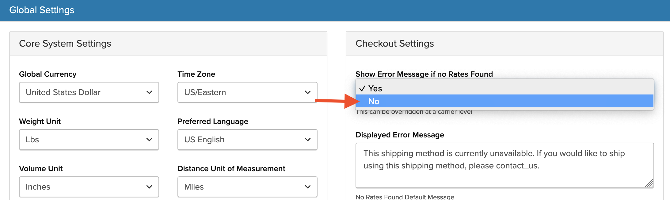 Example showing how to update the field Show Error Message if no Rates found under Checkout Settings section.