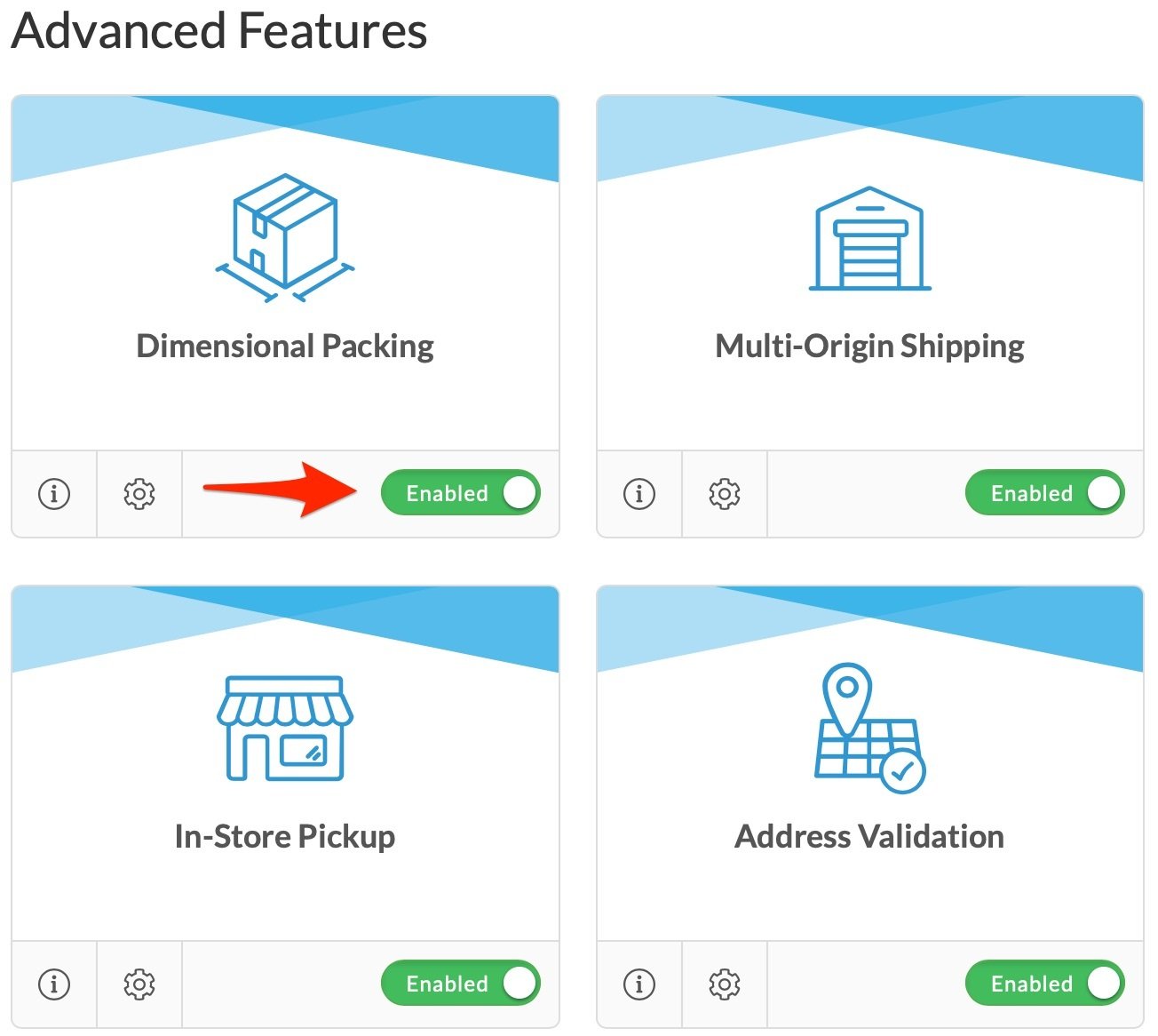 Location to enable Dimensional Packing from Advanced Features menu.