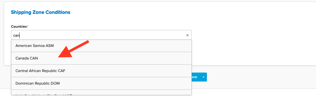 Example showing how to update country in Shipping Zone Conditions section.