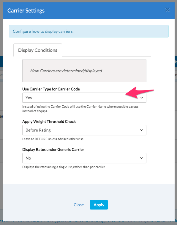 Set to show carrier type in the internal carrier code