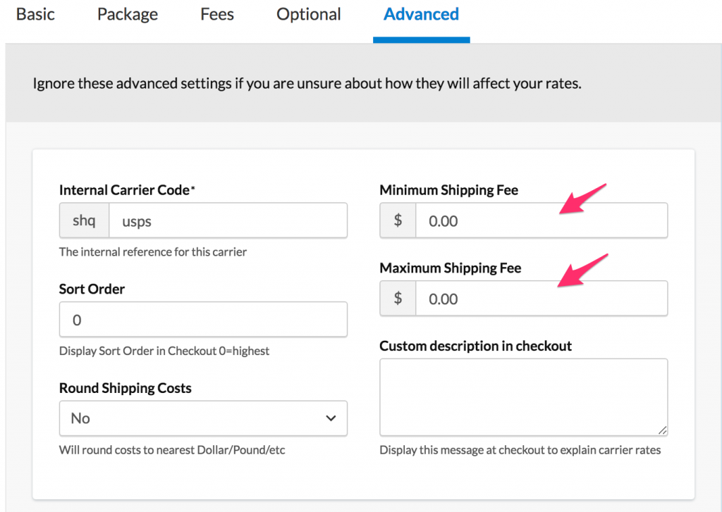 Minimum and maximum shipping fees fields. Enter the dollar values here.
