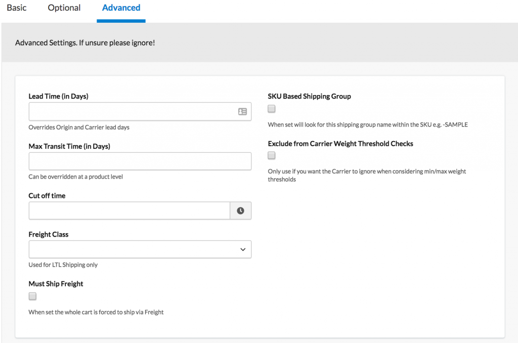 Advanced tab on Shipping Groups