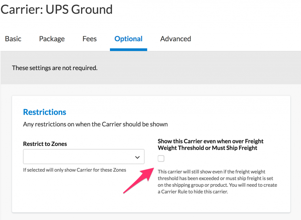 Option to show carrier in ShipperHQ when an order weighs more than the set carrier threshold.