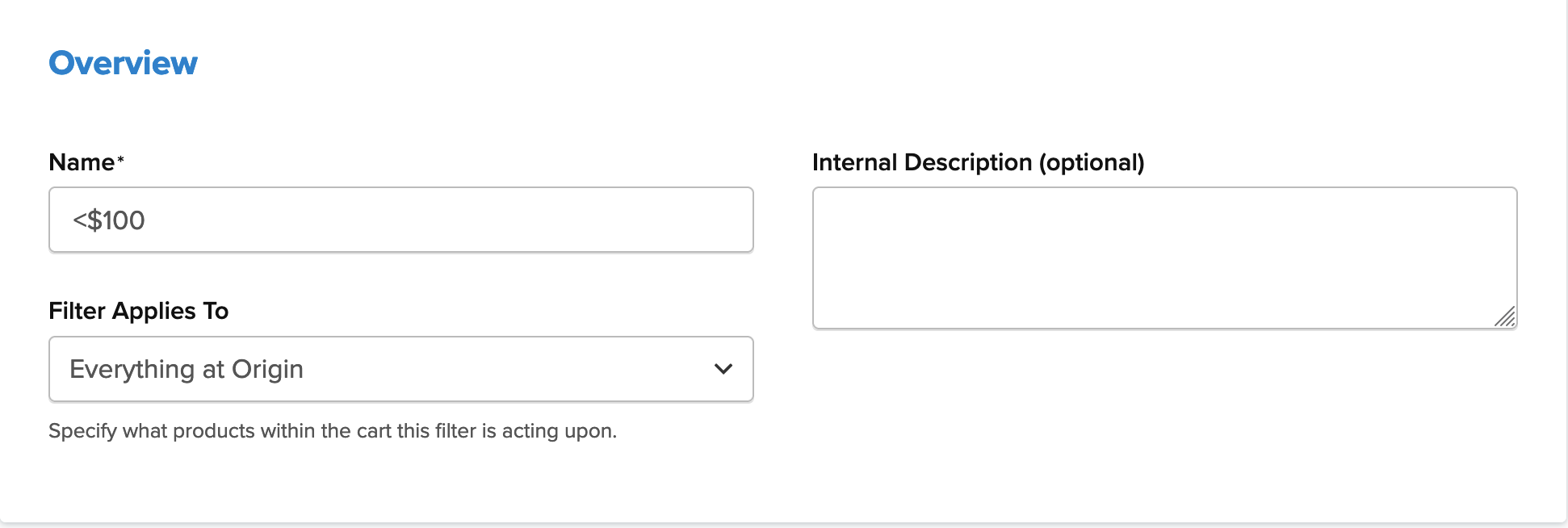 Example showing the fields to be filled in Overview section of the filter.