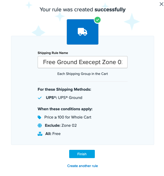 Summary display of the shipping rule before completing its creation.