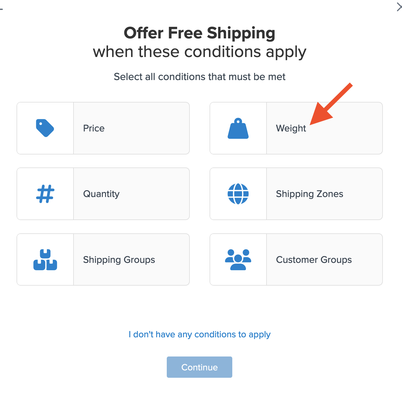 Location to select Weight as the condition for the free shipping rule to apply.