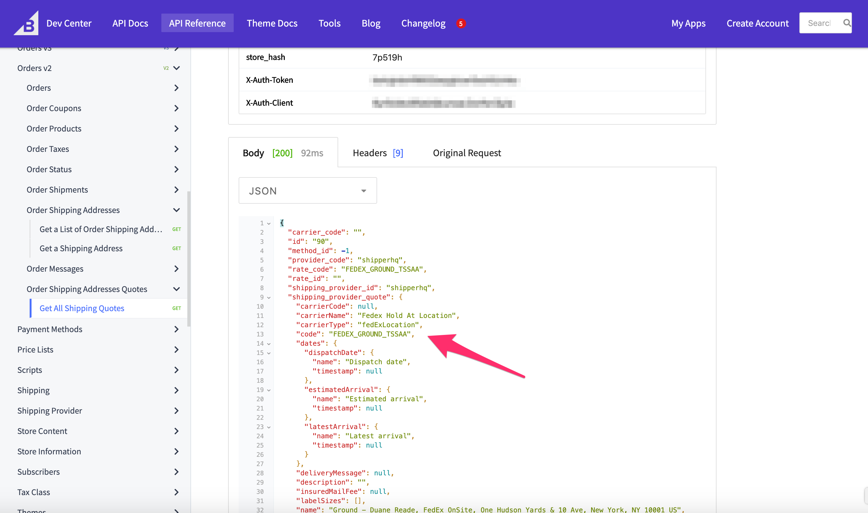 Example showing ShipperHQ fields retrieved from BigCommerce API.