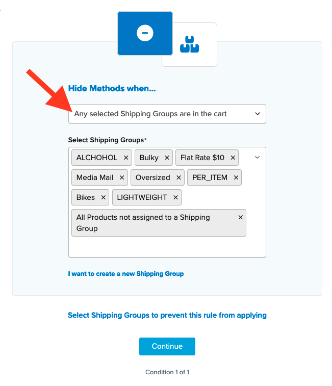 Example showing how to configure shipping group condition for this rule.