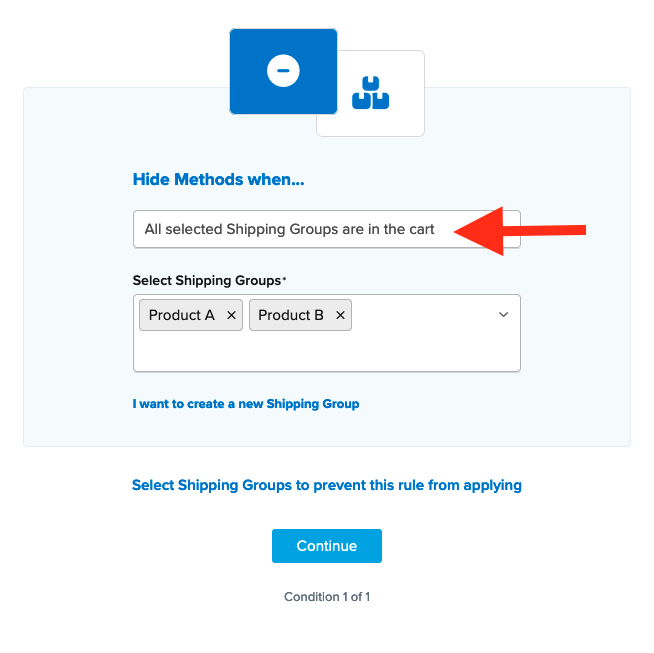 Example showing how to select shipping groups to restrict this rule to certain shipping groups only.