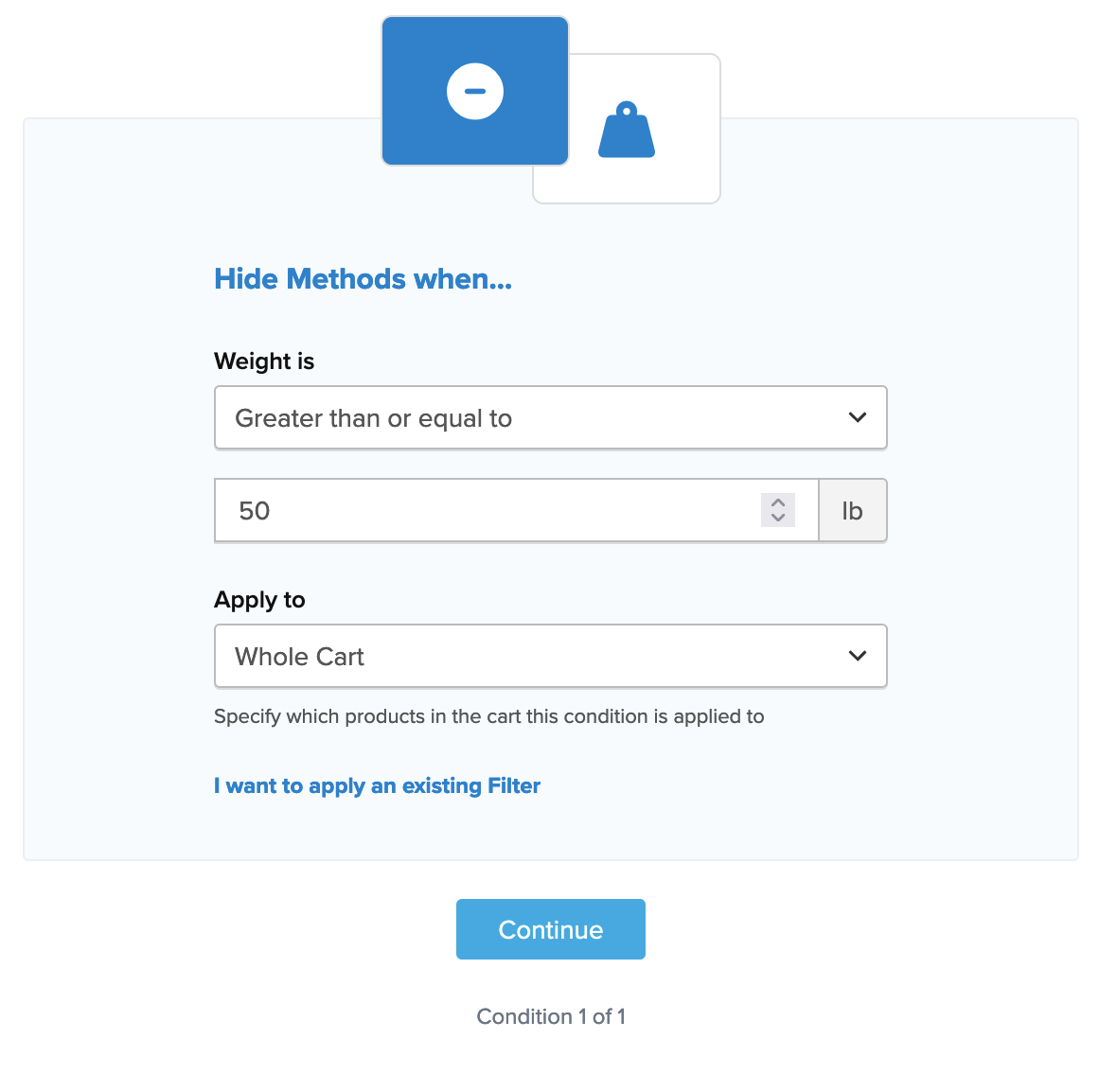 Example showing configuring weight condition for the shipping rule.