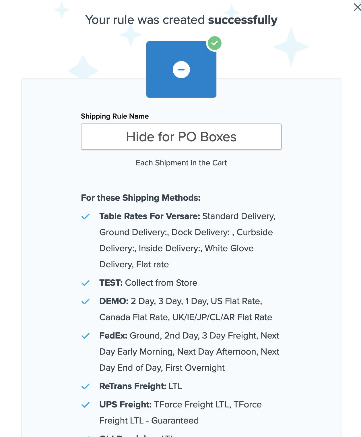 Example showing summary of the shipping rule.