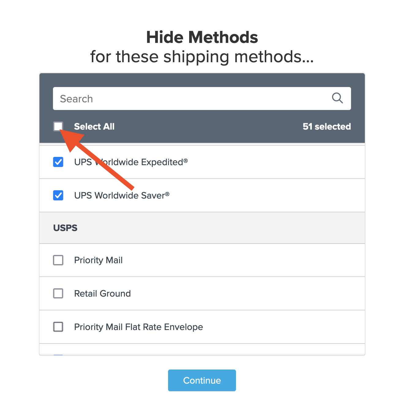 Example showing how to select shipping methods to which the rule will apply.