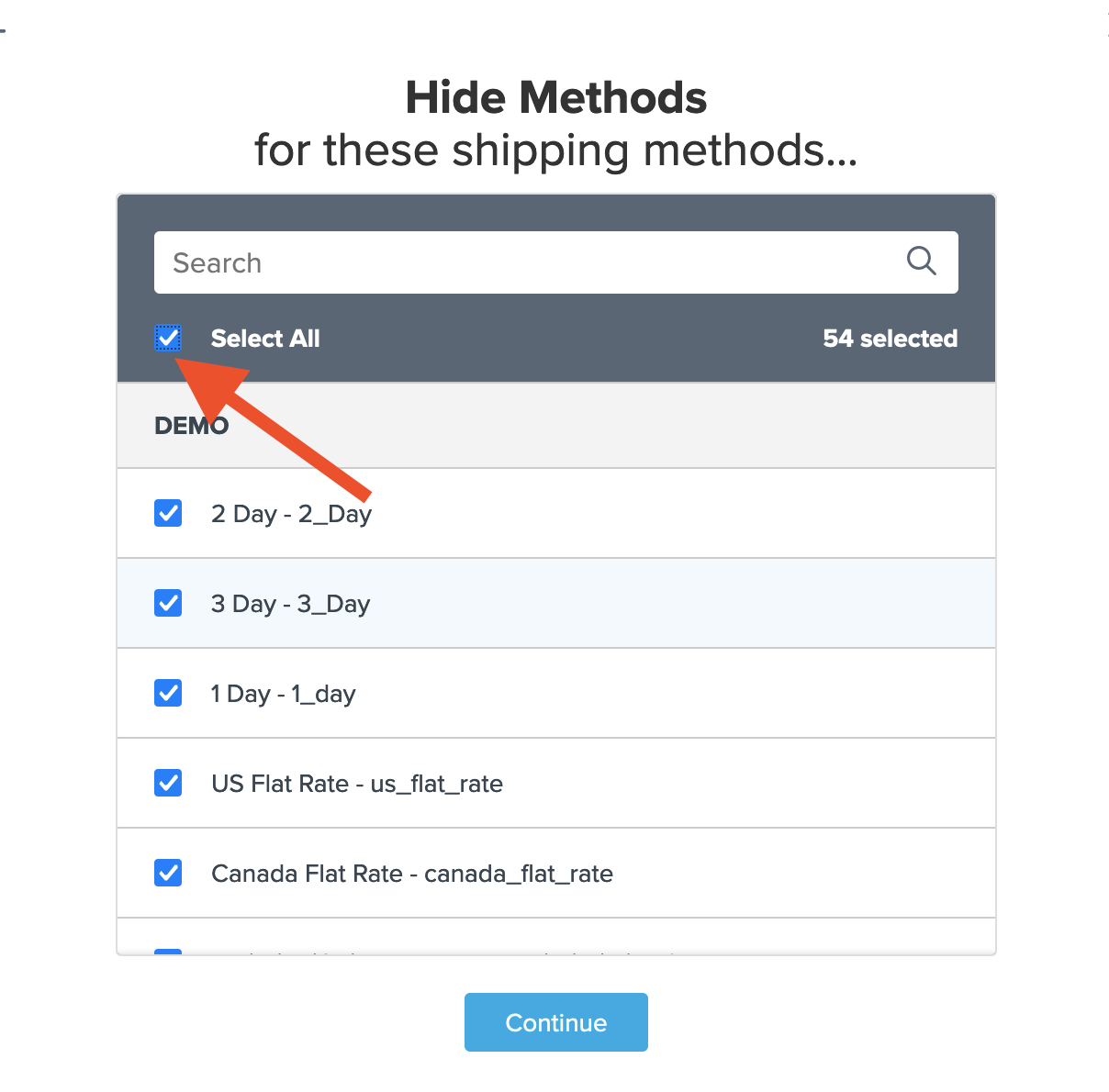 Location to click select all to choose every shipping method configured in the dashboard.