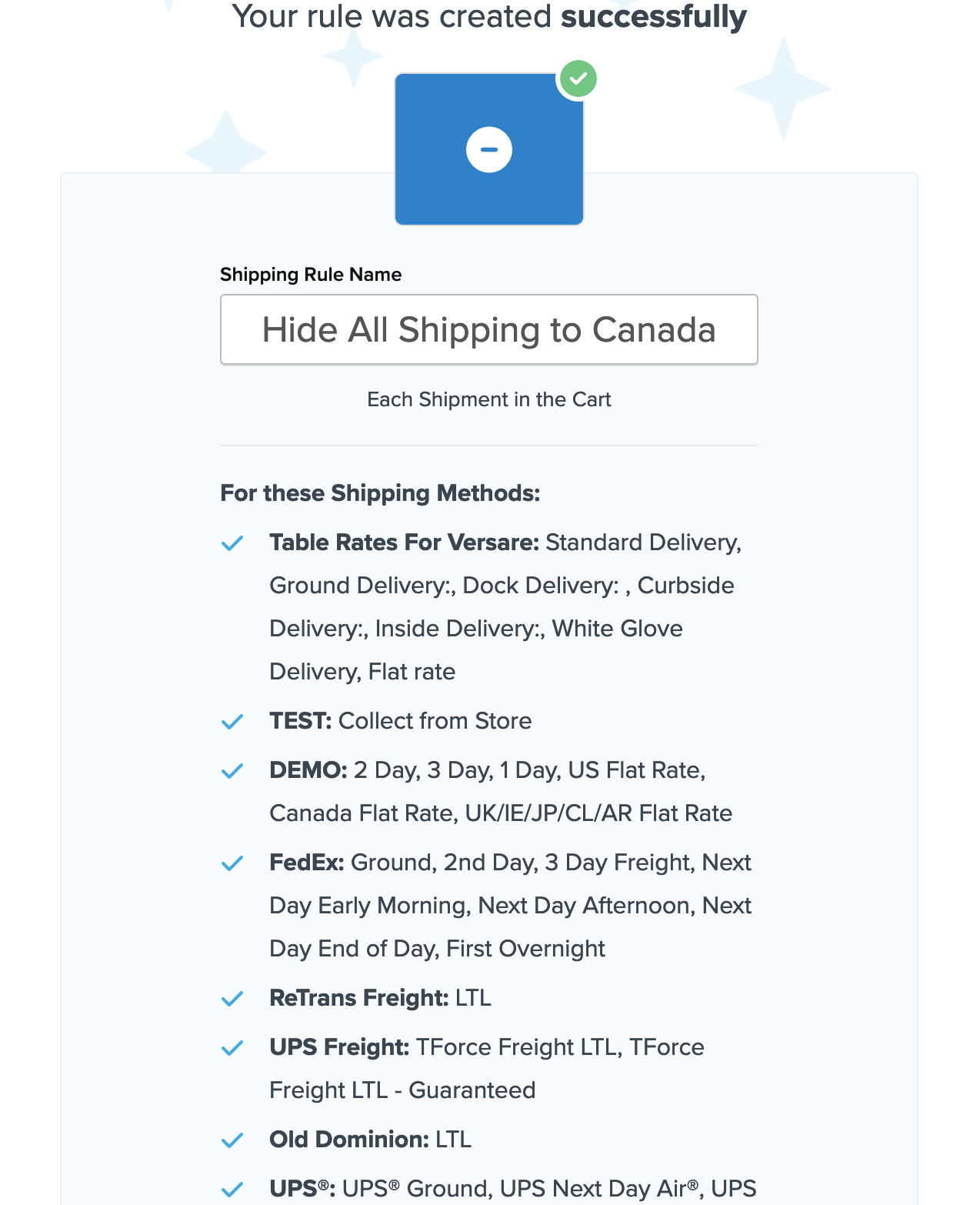 Example showing a summary of the shipping rule before making it live.