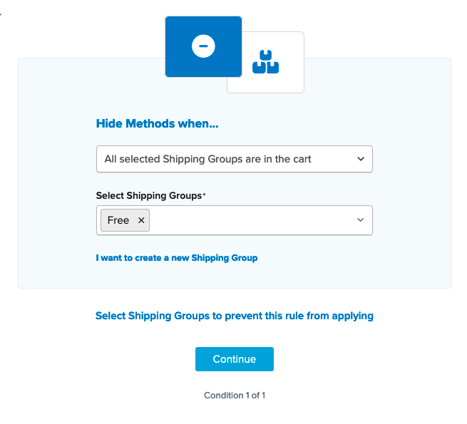 Example showing how to configure shipping group condition for the rule.