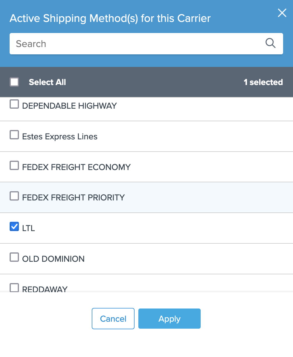 Example showing how to add or remove carrier options. Check to include the method.