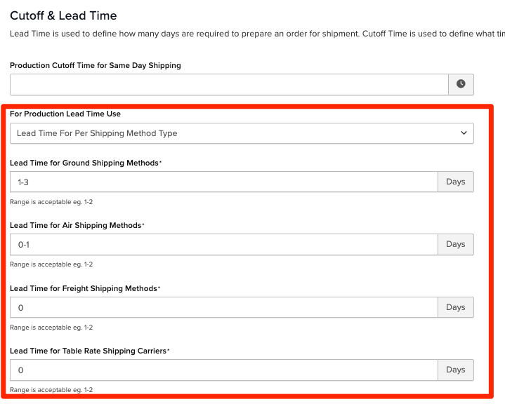 Lead Time Per Shipping Method Type