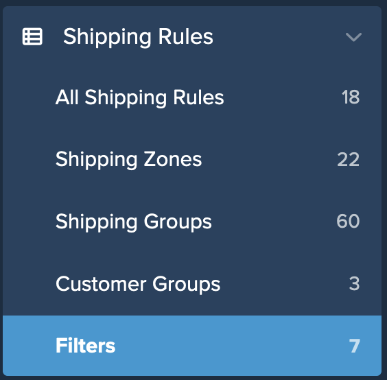 Location of Filters under Shipping Rules menu on dashboard.