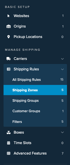 Location of Shipping Zones under Shipping Rules menu on ShipperHQ dashboard.