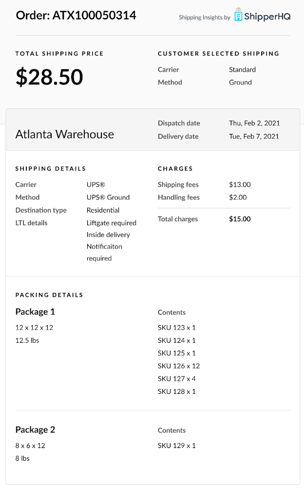 Sample report showing Shipping Insights for an order.