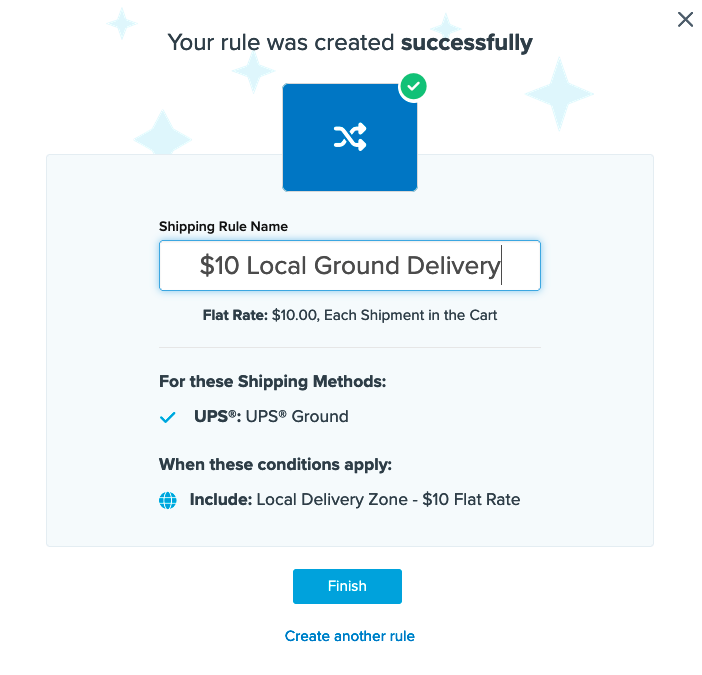 Example showing summary of the shipping rule. Click on Finish to complete the setup.