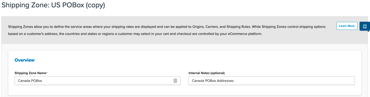 Sample showing details to be filled in Overview section of the duplicated shipping zone.