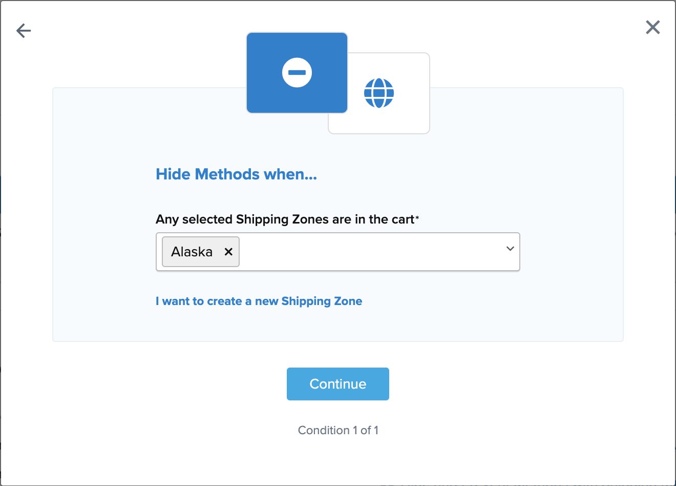 Example showing a shipping rule to hide shipping methods for Alaska state.
