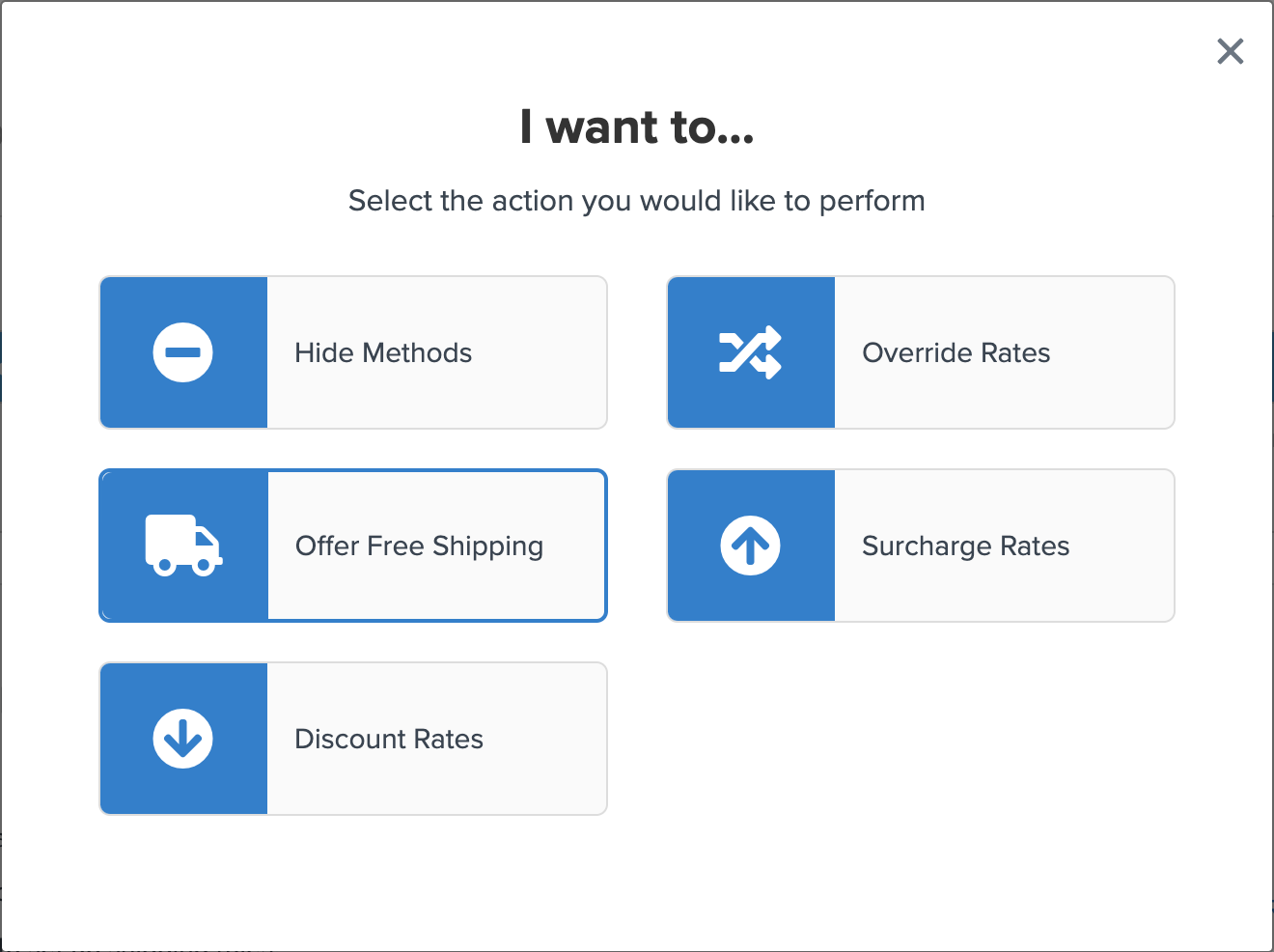 Location to select Offer Free Shipping action for a shipping rule.
