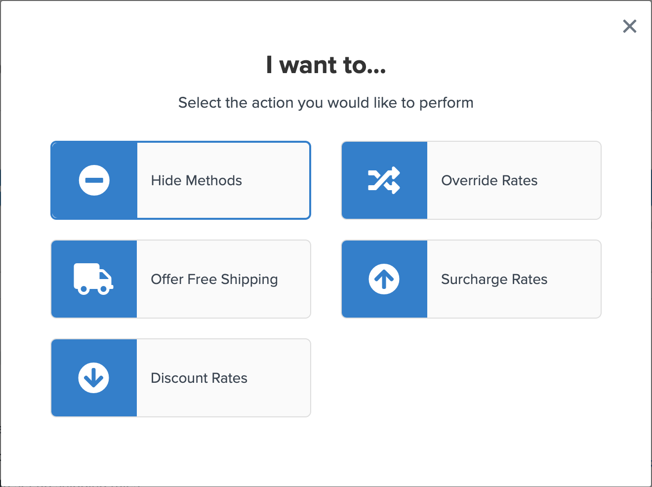 This shows the available actions when starting to create a new shipping rule.