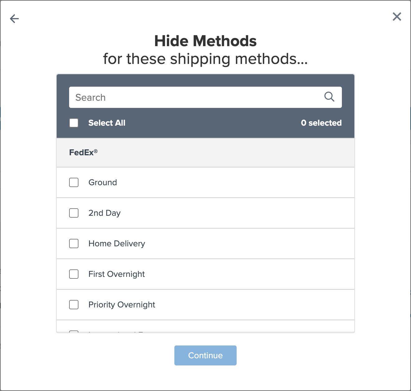 Select shipping methods to hide
