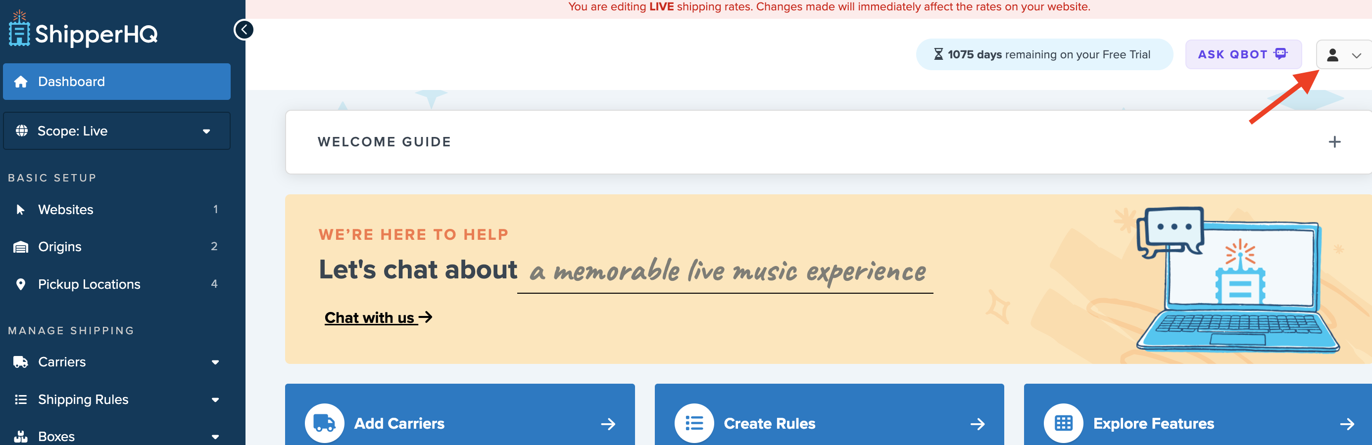 Login to your ShipperHQ dashboard and locate the Global Settings link in the upper, right corner of the screen.