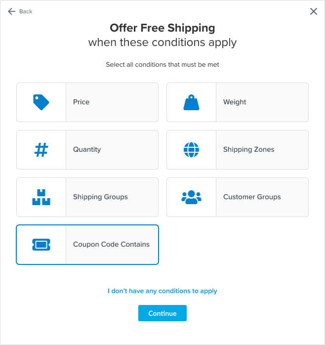 Location to select Coupon Code Contains option as a condition for the free shipping rule.