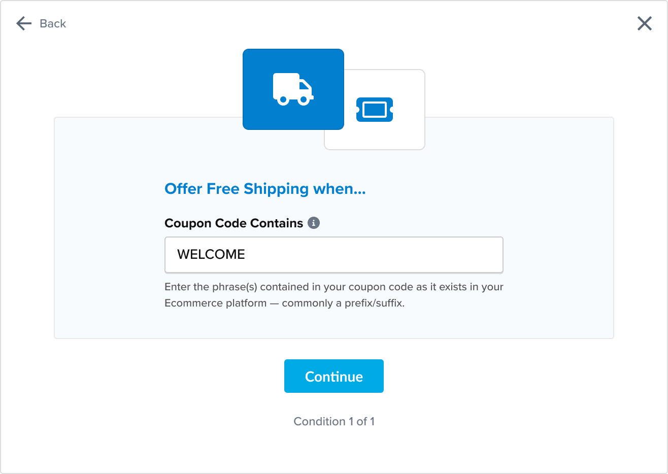 Example showing how to fill details in Coupon Code Contains field.