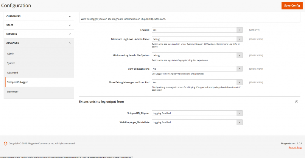 Location to switch on the ShipperHQ logger on Magento store.
