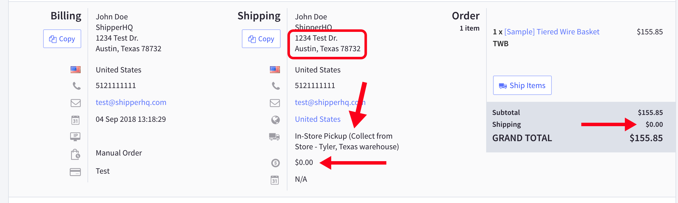 Example showing ShipperHQ fields displayed on BigCommerce order.