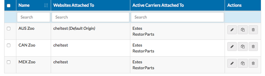 Example showing list of origins in ShipperHQ dashboard.