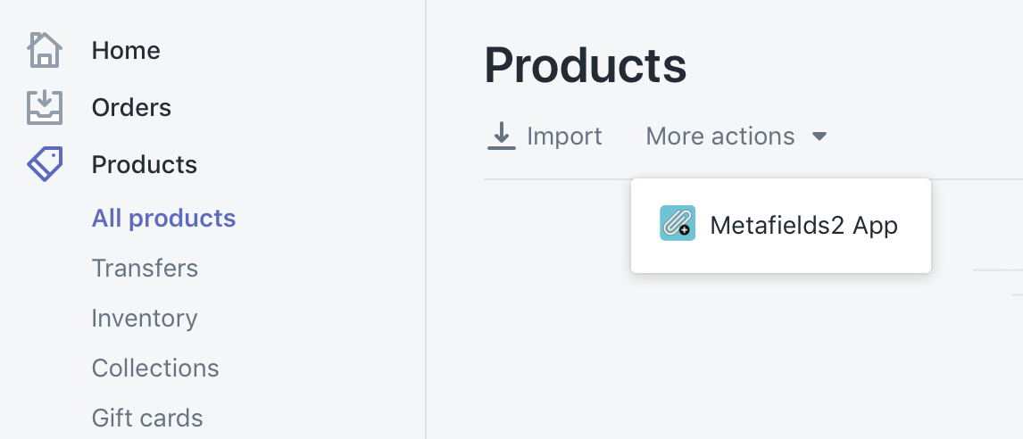 Finding Metafields2 app on Shopify store to bulk update product shipping properties.