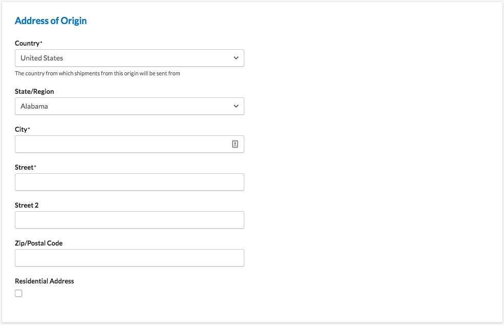 Origin or warehouse address entry