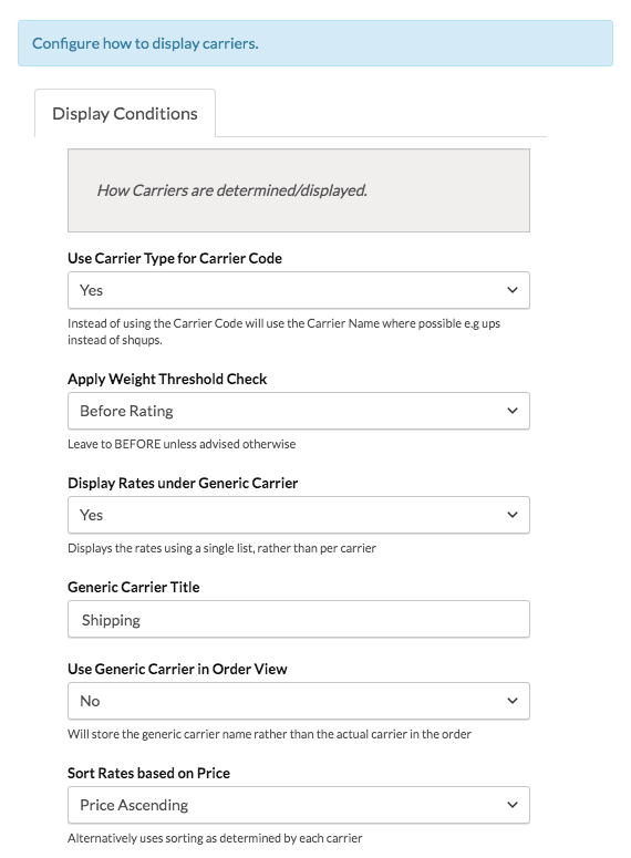 Advanced carrier settings list of options