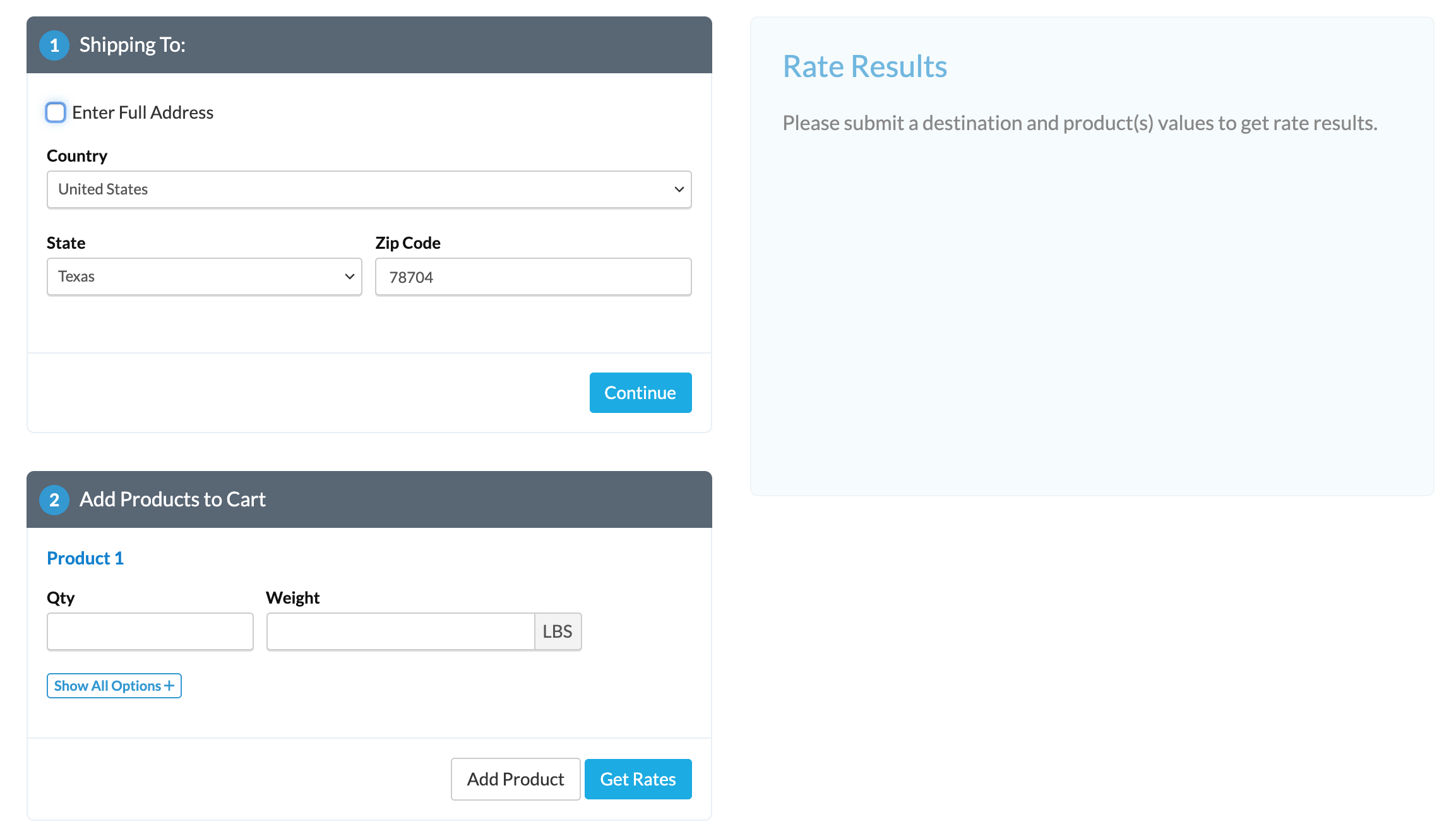 Location to enter Shipping To address to test the rates.