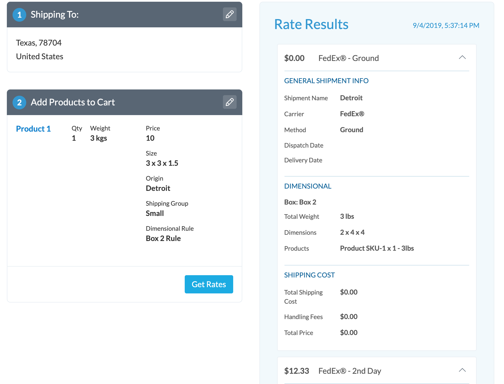 Example showing returned rates based on the details entered.