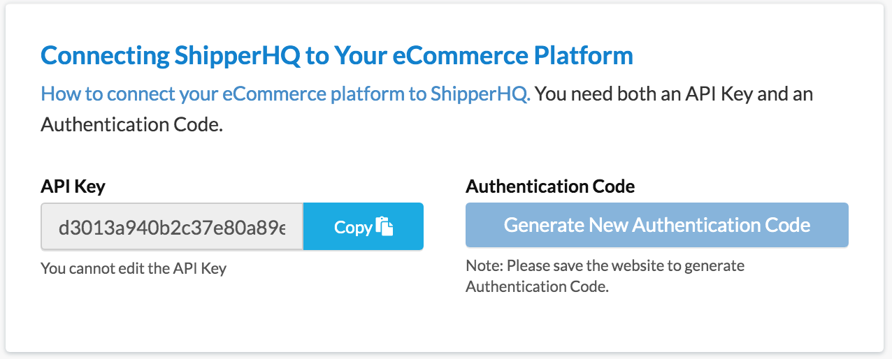 Location to obtain API key and Authentication Code from ShipperHQ