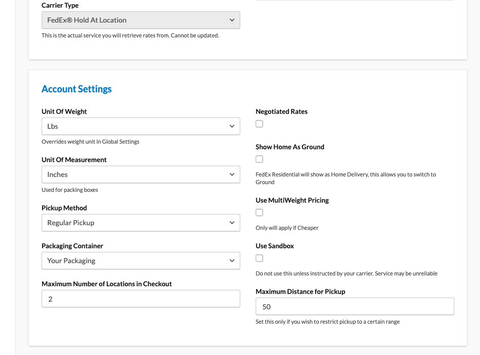 Sample showing how to configure FedEx Hold At Location carrier.
