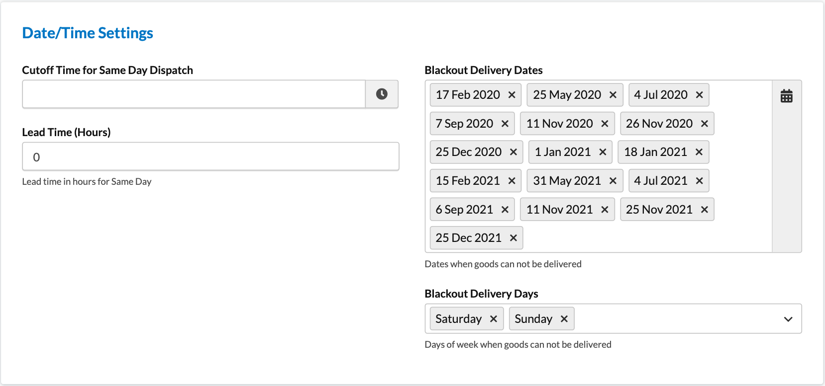 Add Blackout Delivery Dates and Days